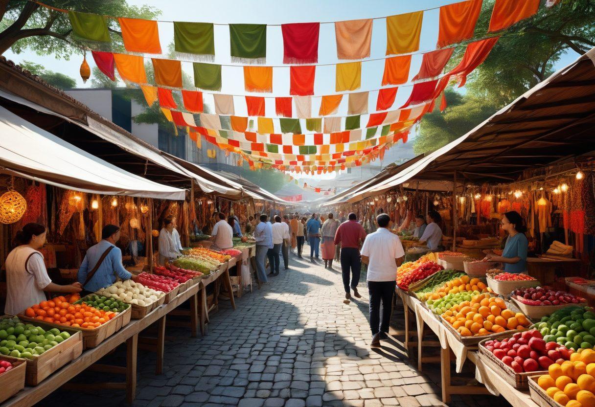 A lively marketplace scene depicting various traders engaging in joyful exchanges, showcasing colorful goods like fruits, textiles, and crafts. Include dynamic expressions of happiness among the traders, with bright banners reading 'Trade Joy!' in the background. The setting should have a blend of modern and traditional elements, symbolizing the evolution of trading methods. Emphasize vibrant colors and a sense of community. ultra-realistic. vibrant colors. 3D.