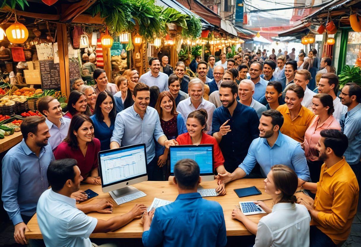 A diverse group of traders joyfully interacting in a vibrant marketplace, exchanging ideas and digital currencies. Include smiling faces, hands shaking, and visual symbols of growth like plants and upward arrows. Background features colorful stalls filled with charts and trading tools, evoking a sense of community and collaboration. super-realistic. vibrant colors. cheerful atmosphere.