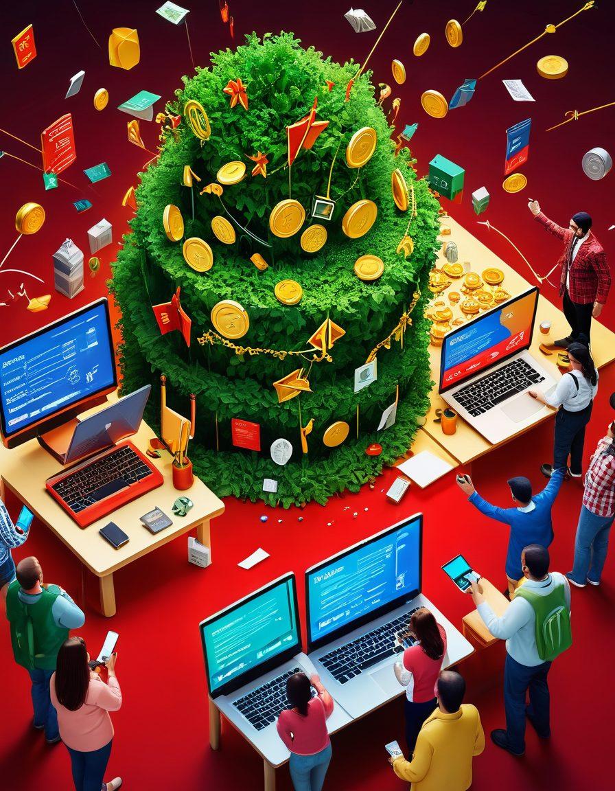 A vibrant digital marketplace bustling with diverse people joyfully exchanging goods and services, showcasing symbols of prosperity like coins and upward arrows. A bright and engaging background with elements representing online trading, like laptops and digital graphs. Add a warm color palette to evoke feelings of happiness and success. super-realistic. vibrant colors. 3D.